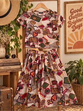 Vintage Block Island Beige Printed Two-Piece Casual Dress Set